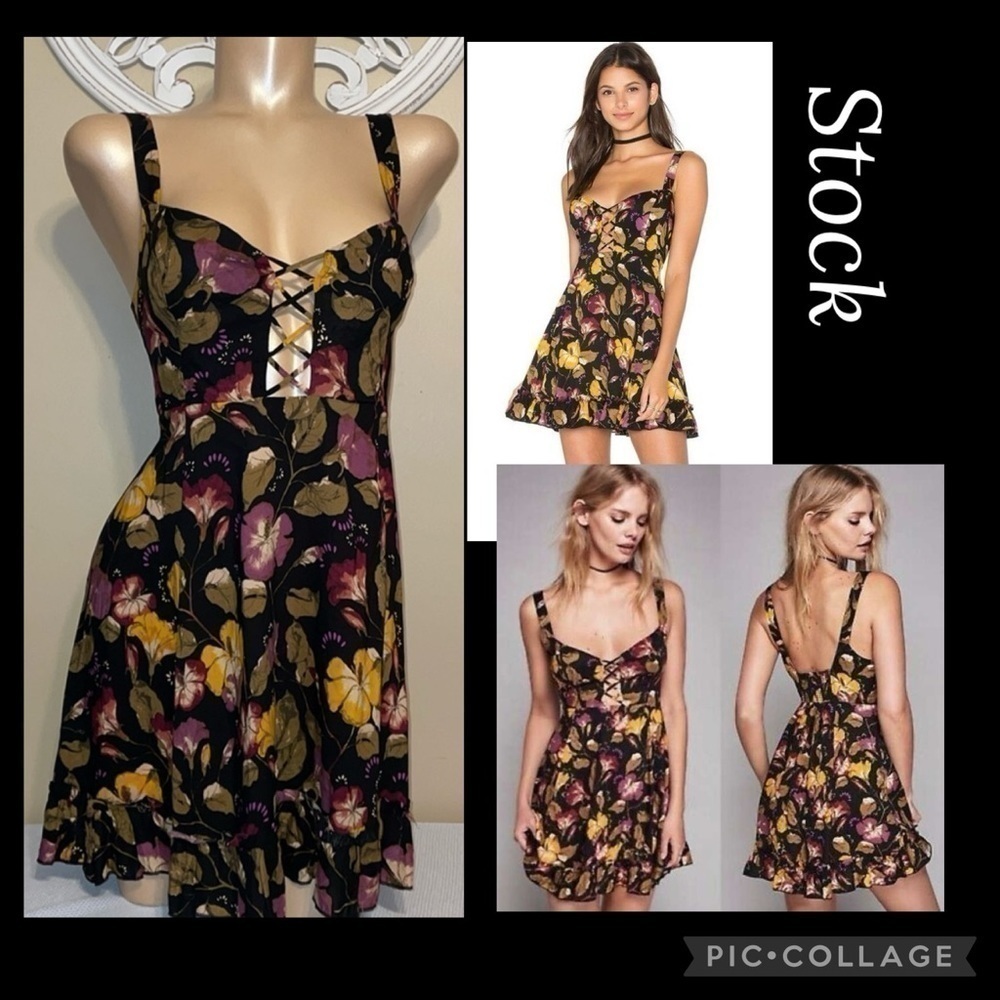 Free people women’s Dress Medium mini Lattice Lovers Floral Slip black tank